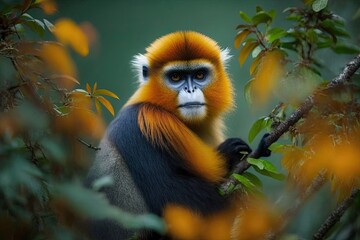 Fototapeta premium The Golden Monkey, or Cercopithecus kandti, is a beautiful, rare monkey that lives in the forests of Africa. This picture was taken in Mgahinga Gorilla National Park, Uganda. Generative AI