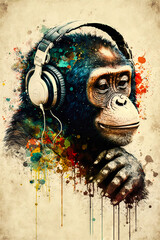 DJ monkey with headphones listening to music. Music graphite poster. Background, wallpaper. Printable artwork. Generative AI.