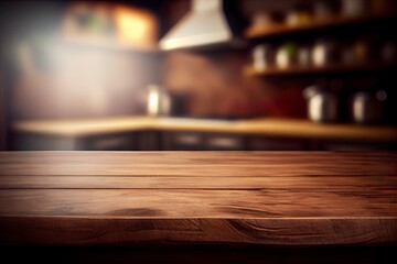 Wooden kitchen table with bokeh and room for copy. AI Generative Art.
