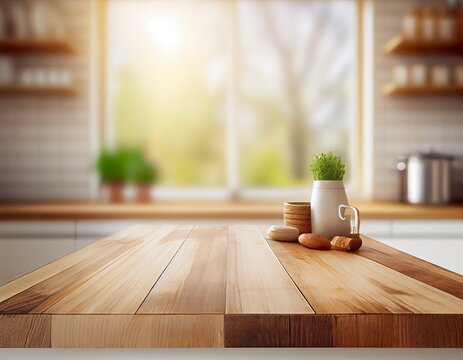 Wooden kitchen table with bokeh and room for copy. AI Generative Art.
