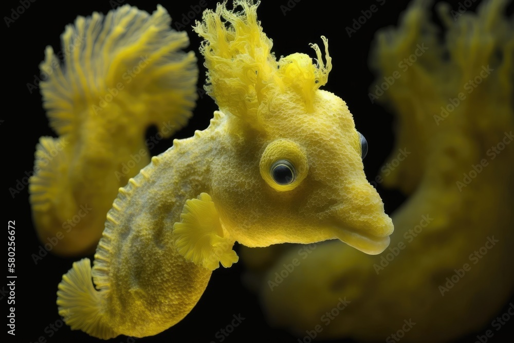 Wall mural The Hippocampus denise, or yellow pygmy seahorse, is also known as the pygmy seahorse of Denise. Generative AI