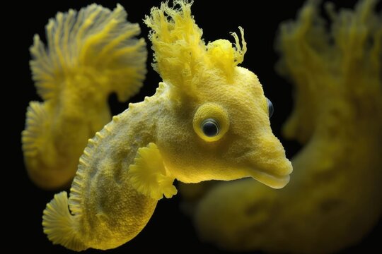 The Hippocampus denise, or yellow pygmy seahorse, is also known as the pygmy seahorse of Denise. Generative AI