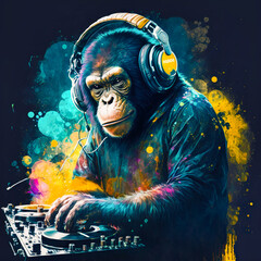 DJ monkey with headphones listening to music. Music graphite poster. Background, wallpaper. Printable artwork. Generative AI.