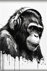 DJ monkey with headphones listening to music. Music graphite poster. Background, wallpaper. Printable artwork. Generative AI.