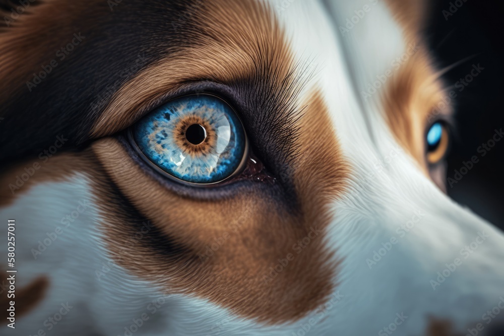 Wall mural Ocular enlargement of a dog's blue eyes. Generative AI