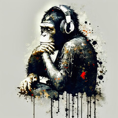 DJ monkey with headphones listening to music. Music graphite poster. Background, wallpaper. Printable artwork. Generative AI.