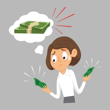 Female employee holding a small amount of money, Financial banking crisis, Vector illustration