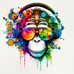 DJ monkey with headphones listening to music. Music graphite poster. Background, wallpaper. Printable artwork. Generative AI.