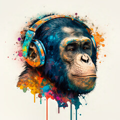 DJ monkey with headphones listening to music. Music graphite poster. Background, wallpaper. Printable artwork. Generative AI.