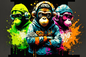 DJ monkey with headphones listening to music. Music graphite poster. Background, wallpaper. Printable artwork. Generative AI. - obrazy, fototapety, plakaty