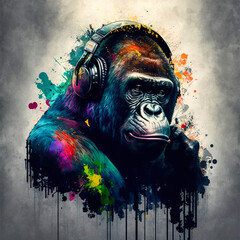 DJ monkey with headphones listening to music. Music graphite poster. Background, wallpaper. Printable artwork. Generative AI.