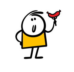 A cute cartoon stickman holds a fork with a sausage in his hand and is about to eat.