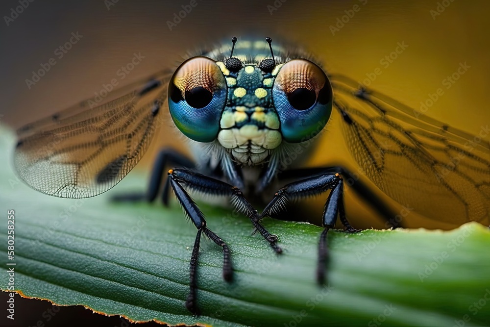 Aufkleber a dragonfly on a leaf makes a cool and funny macro picture. a close up of a dragonfly with big eyes 