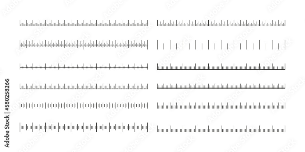 Poster measuring scales. line ruler tape with meter centimeter inch marks, measurement equipment with size 