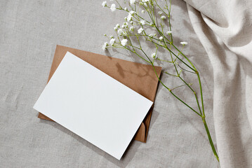 Aesthetic boho background, blank paper card mockup with copy space, minimal neutral business, brand...