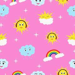 cute seamless pattern sun clouds and rainbow