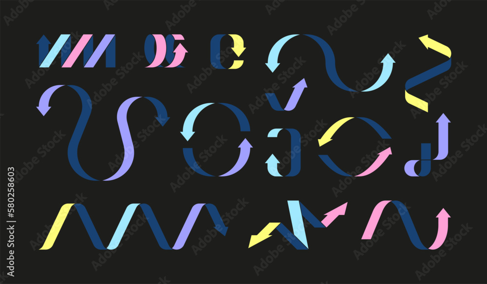 Poster trendy arrows. playful curve spiral direction pointers, abstract dynamic quirky elements and minimal