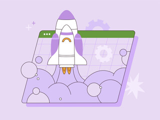 Space rocket launch. Successful business start up, launching new project. Creative, innovative idea. Hand drawn vector illustration isolated on purple background, flat cartoon style