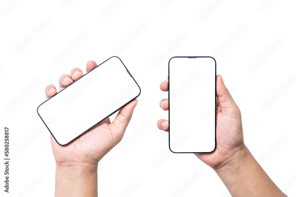 Poster isolate of hand holding blank screen of smartphone on white background with clipping path for mockup