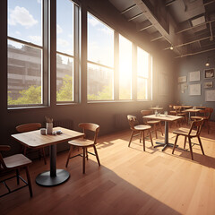 Illustration of a modern coffee shop in the morning. Equipped with modern and simple design furniture and decorations. Has a large window to provide a comfortable view to customers. 
