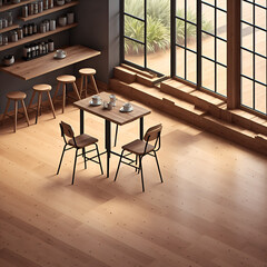 Illustration of a modern coffee shop in the morning. Equipped with modern and simple design furniture and decorations. Has a large window to provide a comfortable view to customers. 
