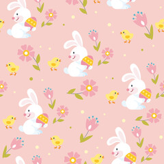 Colorful seamless pattern with cute cartoon chickens, eggs and bunny in flat style. Endless texture for fabric, baby clothes, background, textile, wallpaper. Vector illustration with flowers.