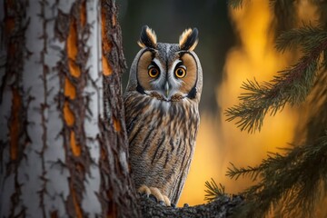 Owl in the tree. Behind the trunk of a larch tree is a portrait of a Long eared Owl with big orange eyes. This is a wild animal in Sweden. Scene of wildlife in the wild. Generative AI - obrazy, fototapety, plakaty