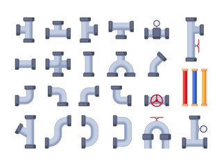 Pipe elements. Water pipeline engineering system details, piping connector construction with tubes and valves drainage system. Vector flat set. Plumbing equipment fitting, steel parts