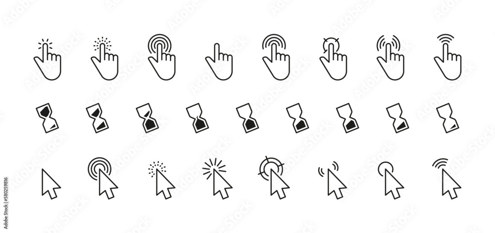 Poster interface cursor icon. computer mouse click arrow or finger pointer loading sign, simple internet co