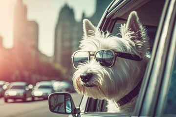 West Highland White Terrier wearing goggles riding in a car with the window down through an urban city neighborhood on a warm, sunny summer day, toned with a retro vintage Instagram filter. Generative