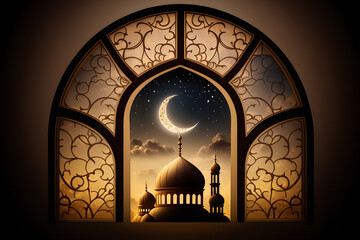 Ramadan Kareem background.Mosque window made with Generative AI