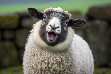 Funny picture of a Greyface Dartmoor lamb with its tongue out. Greyface Dartmoor lambs are a rare breed of domestic sheep that come from the area around Dartmoor in south west England. Generative AI - obrazy, fototapety, plakaty