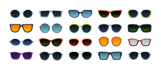 Fashion sunglasses. Modern glasses different shape and color, stylish sun protective accessories in trendy rims, eyesight care concept. Vector set. Plastic frames with colorful glasses