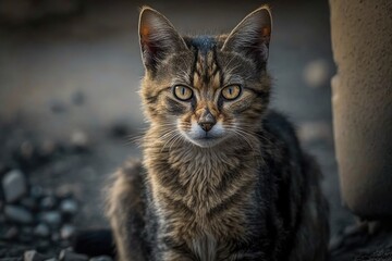 A wild cat. Homeless, dirty cat portrait. Animals are homeless. A small depth of field. A stray cat that no one took care of. Generative AI