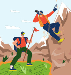 Tourists in the mountains watching good views, flat vector illustration. Mountaineering and rock climbing sport and recreational pursuit. Tourism and traveling.