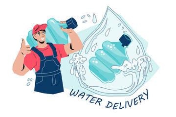 Water delivery company emblem, flat cartoon vector illustration isolated on white background. Business emblem or logotype identity element for water delivery service.