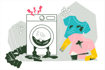 Broken washing machine with dirty clothes. Home appliances and washing machine repair service banner backdrop, flat vector illustration isolated on white background.