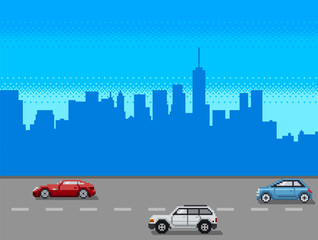 Flat pixel cartoon style of urban landscape street with cars, skyline city office buildings. Pixel art 8 bit. Cars on the road. Vector illustration.