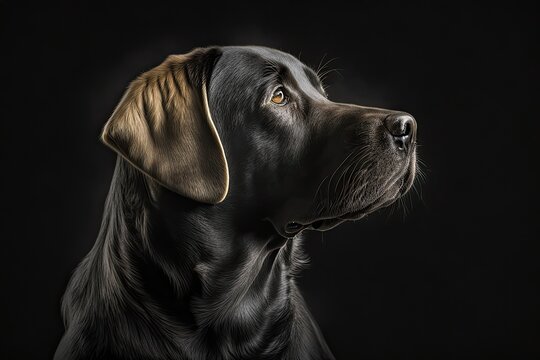 A picture of a Labrador Retriever dog on a black background by itself. A photo studio is where the picture was taken. Generative AI