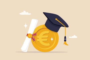 Education cost, tuition or scholarship, money for university or graduation, school expense or student debt, college diploma concept, Euro money coin with mortarboard graduation cap and certificate. - obrazy, fototapety, plakaty