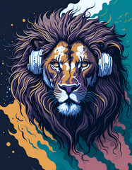 Lion head in headphones. AI generated illustration