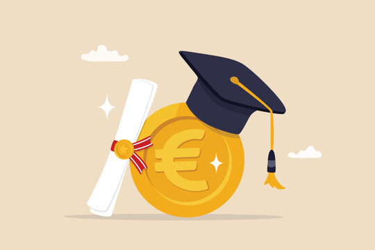 Education cost, tuition or scholarship, money for university or graduation, school expense or student debt, college diploma concept, Euro money coin with mortarboard graduation cap and certificate.