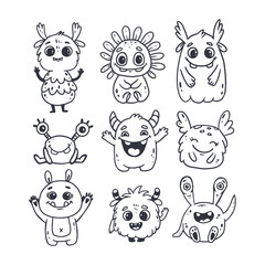 Set of cute cartoon monsters.Funny characters on white background.Icon monster.Doodle style.Alien.