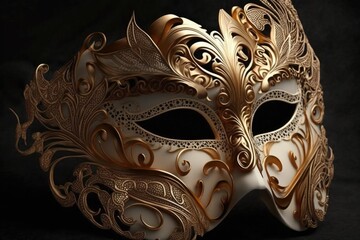 This mask is gorgeous and would be perfect for the Venetian carnival. Both gold and white. Luminosity, concealment, and a shadowy undertone. Generative AI