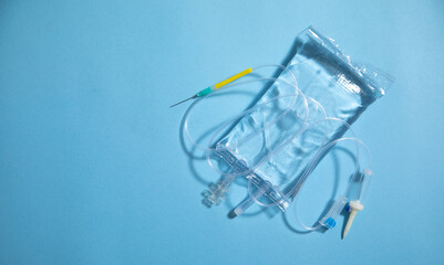  Infusion bag in the blue background. IV drip chamber
