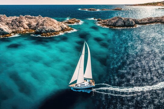 Ultra wide panoramic aerial shot from a drone of a sailboat in the Mediterranean Sea. The sails are white, while the water is blue. Generative AI