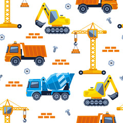 Colorful seamless pattern with building truck and various construction equipment. Vector illustration design for fashion fabrics, textile graphics, prints.