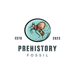 mosquito fossil pre history logo icon, dry insect in amber hand drawn vintage vector illustration.