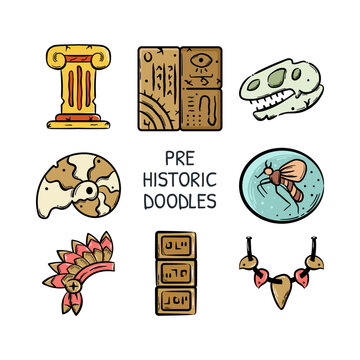 Pre-history doodle icons, column, hieroglyphs, skull, fossil, indian native, neclace. Hand drawn element vector illustration.