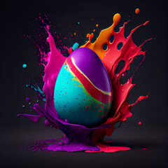 Obraz na płótnie Canvas Colorful easter egg with paint splashes isolated on dark background. Generative AI